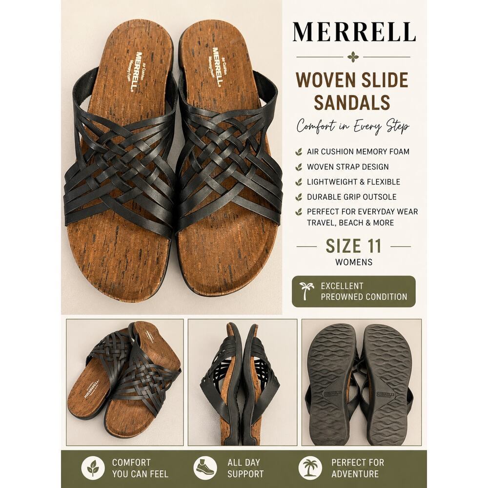 Merrell Black Woven Slide Sandals Air Cushion Memory Foam 11CoastalStyle